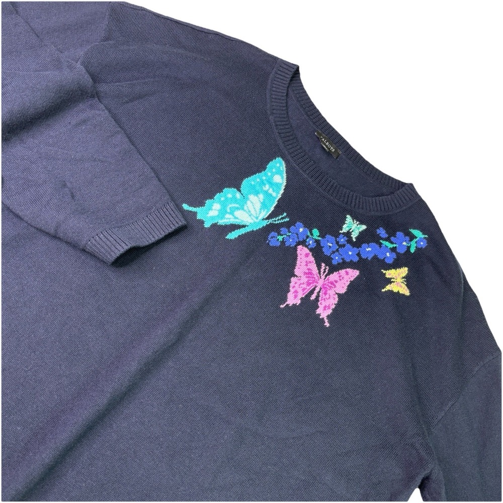 Talbots Sweater XL Jacquard Butterfly Blue Preppy Long Sleeve Flower Pastel